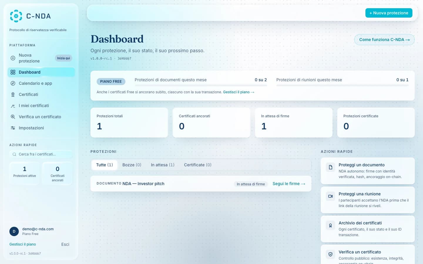 La dashboard reale di C-NDA: protezioni, certificati ancorati e archivio delle prove
