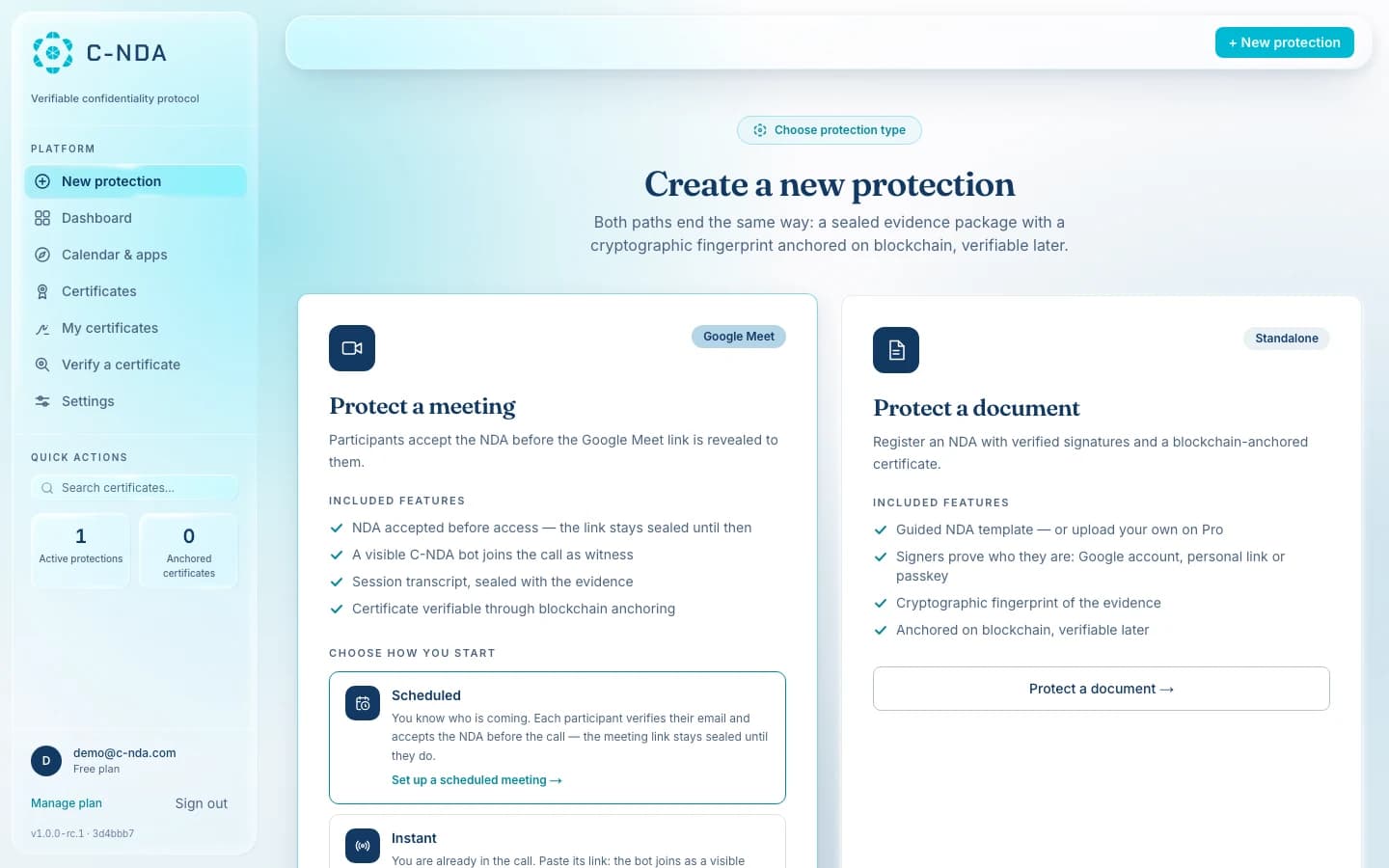 Choosing a protection in the real C-NDA app: protect a meeting or a document