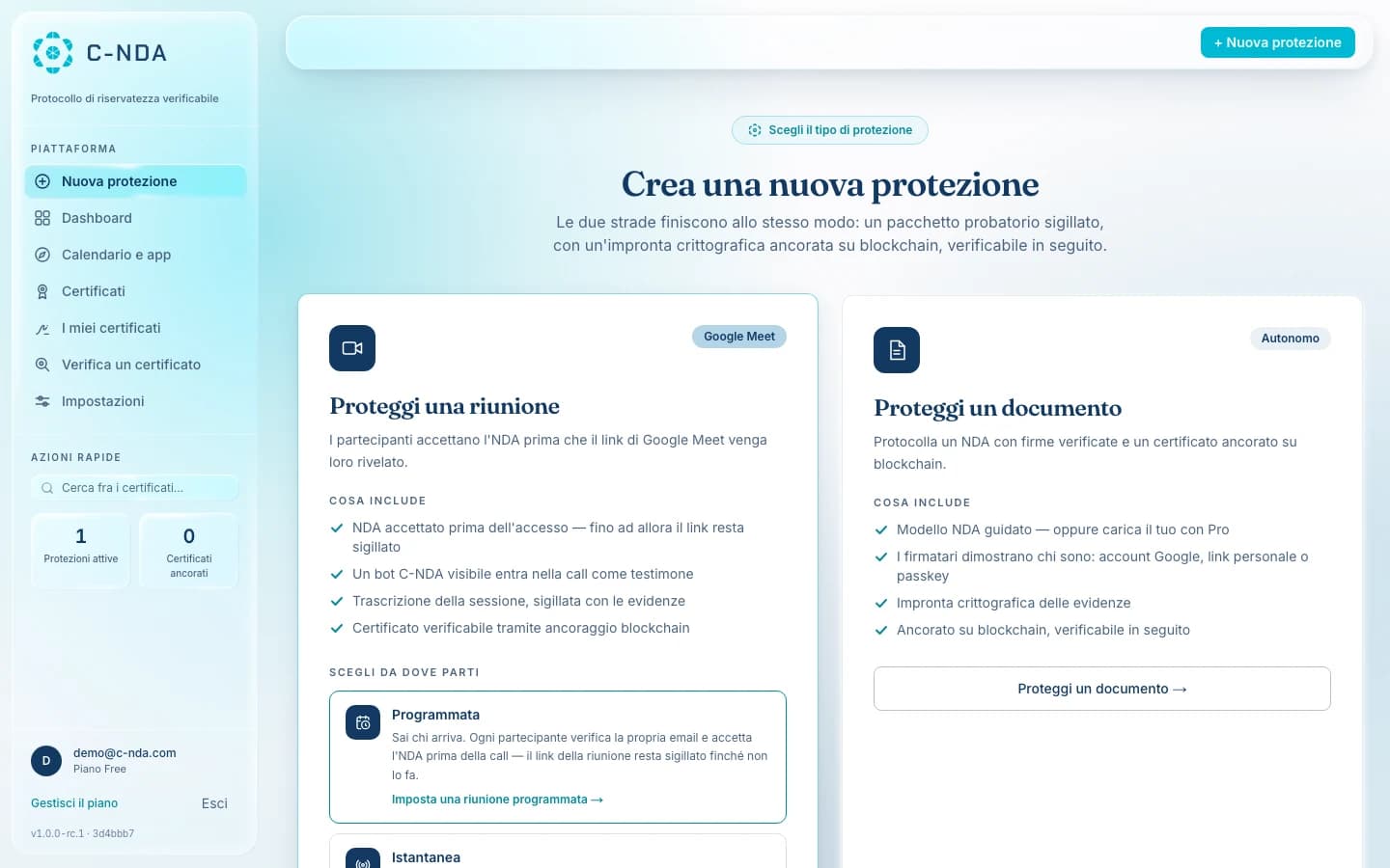 La scelta della protezione nell'app reale di C-NDA: proteggi una riunione o un documento